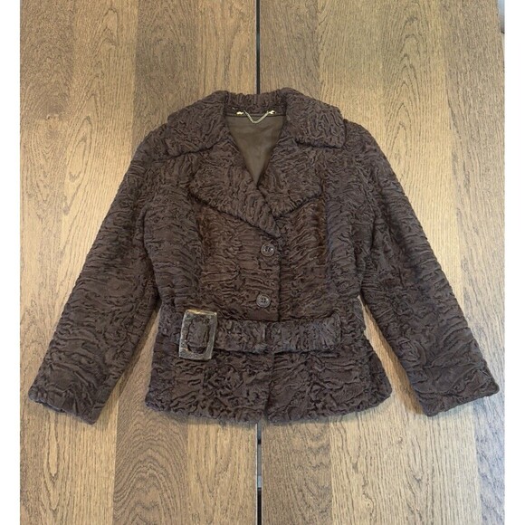 Swakara Karakul Persian Lamb Eco-Fur Coat Women’s S Brown Wood Buttons Buckle